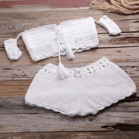 White Off Shoulder Hand Crochet Lace Up Summer Crop Top and Shorts Matching Set - Picture 15 of 16